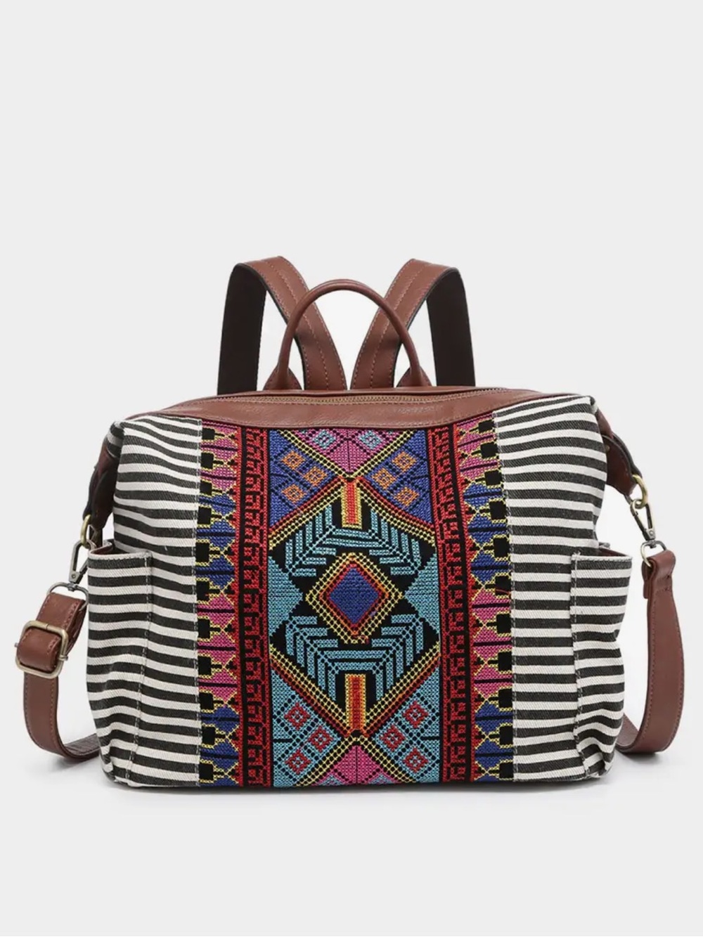 ShopEvelynne Striped Boho Embroidered Backpack in Brown and Multicolor